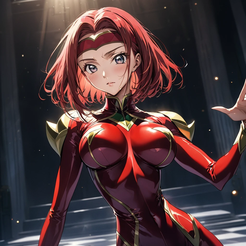 masterpiece, Best Quality, High resolution,16k,official art,super detailed skin,detailed,animated painting,(Karen Kouzuki),(Code Geass),1990s \(style\),Beautiful C-cup breasts、: ,Sweat all over、Muscular,,solo,Anime-style painting style, Redhead,Short Hair、Red hair band on forehead,Red bodysuit,(Cool face)、(Pointed Eyes),Composition focusing on the fullr body,Cinematic lighting,Superfine,magnificent view