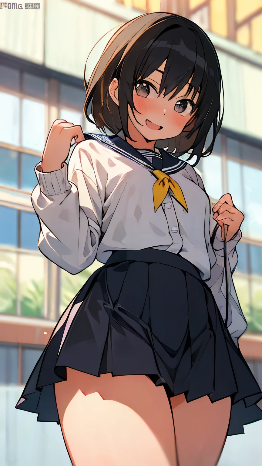 ( elementary school girl:1.3)、 black hair、 ponytail、Laughter、((Feminine charm、Pervert girl))、 school uniform, Seraph,  Pleated Skirts,  sailor collar ,  white shirt, (black Cardigan ), 