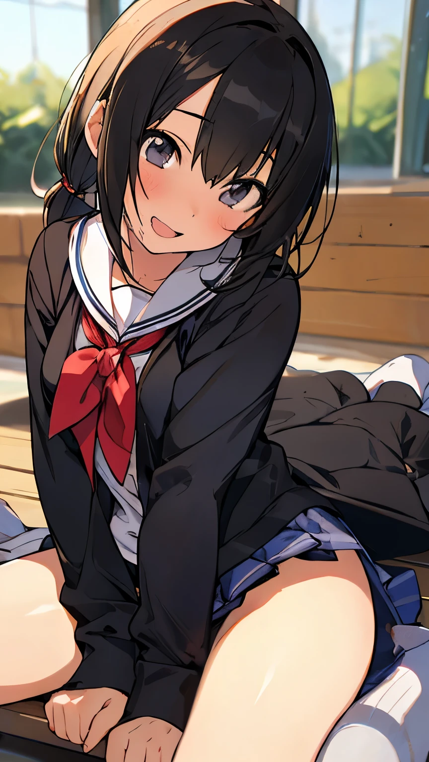 ( :1.3)、 black hair、 ponytail、Laughter、((Feminine charm、Pervert girl))、 school uniform, Seraph,  Pleated Skirts,  sailor collar ,  white shirt, (black Cardigan ), 