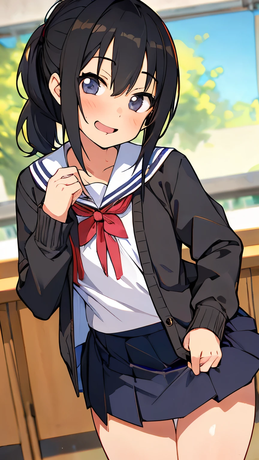 ( elementary school girl:1.3)、 black hair、 ponytail、Laughter、((Feminine charm、Pervert girl))、 school uniform, Seraph,  Pleated Skirts,  sailor collar ,  white shirt, (black Cardigan ), 