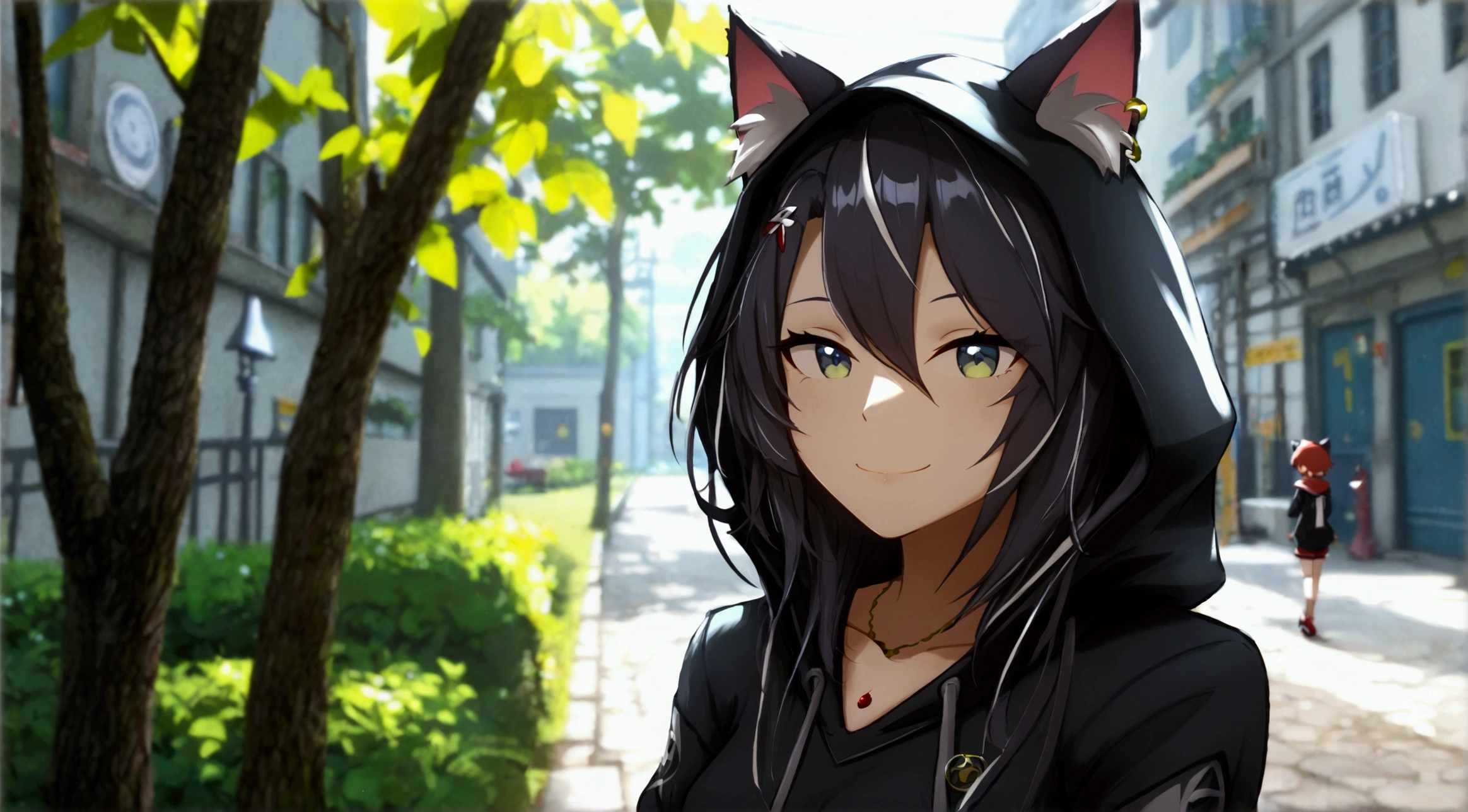 (masterpiece), ( best quality), (Illustration), (Super detailed), ( high definition ),  absurd,  one girl , (ZENLESS ZONE ZERO NIKO), (Gal), smile, (Cat ears hoodie ), Moe Sleeve,   Black Shorts ,   very cute girl,  smaller, young, delicate, Outdoor, Focus on women