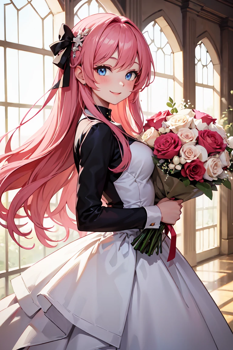 Beautiful young woman ,marry,Long pink hair,Holding a bouquet in hand, Blue Eyes , smiles happily
