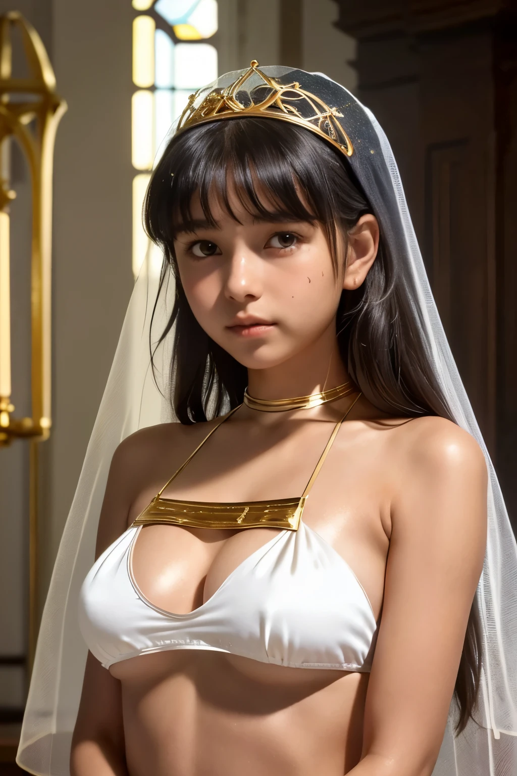 best quality, masterpiece, young french girl, (yo:1.4), ((tanned skin)), (silhouette lighting:1.1), (upper body:1.5), pigtail hair with bangs, large breast, hourglass figure, oily skin, (white silk bikini with gold accents:1.2), (underboob:1.4), ((tiara, face veil), hands down, at church