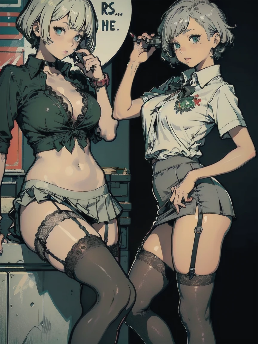 perfect anatomy, A woman with a toned body, 1girl, A handgun in her hand , Grey Hair, Big Breasts,  shorthair , (( black and gray social blouse ,  black and gray tight mini skirt、 embroidered lace garter stockings )),  black high heels,  serious expressions, Light green eyes, ancient ruins ,  black tuxedo .