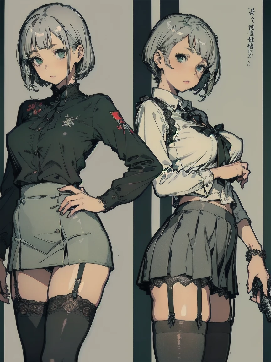 perfect anatomy, A woman with a toned body, 1girl, A handgun in her hand , Grey Hair, Big Breasts,  shorthair , (( black and gray social blouse ,  black and gray tight mini skirt、 embroidered lace garter stockings )),  black high heels,  serious expressions, Light green eyes, ancient ruins ,  black tuxedo .