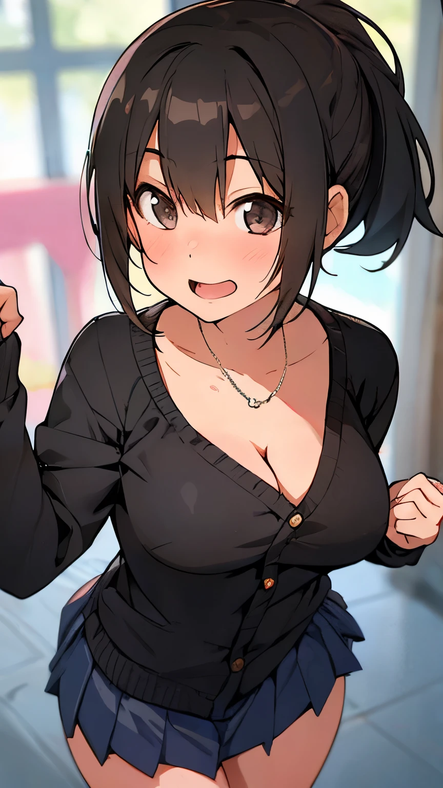 (:1.3)、black Hair、ponytail、Laughter、((Femme fatale、Pervert girl)), (pleated skirt), (white shirt), (black cardigan:1.1), , (large breasts:0.5), cleavage between breasts,