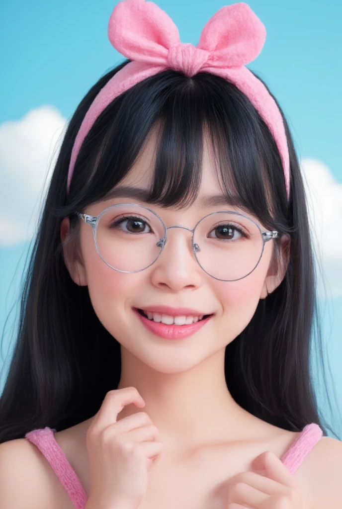 Girl, blue sky and white clouds, wearing silver glasses, happy, happy, reddish cheeks, black hair, wearing pink bow headband, perfect quality, clear focus (clutter - home: 0.8), (masterpiece: 1.2) (Realistic: 1.2) (Bokeh) (Best quality) (Detailed skin: 1.3) (Intricate details) (8K) (Detail eyes) (Sharp focus), (Happy)