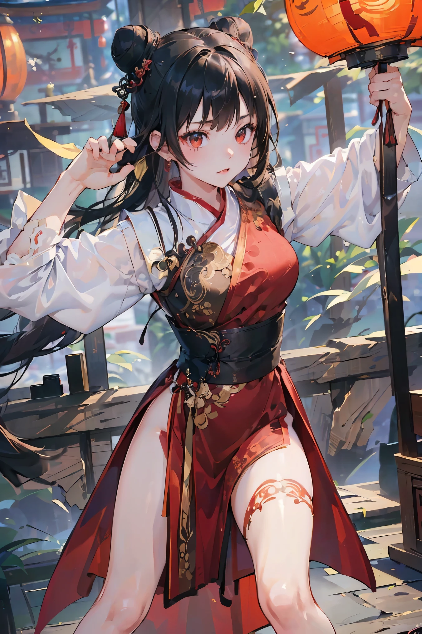 (((Best quality, 8k, Masterpiece: 1.3)), ((best quality)), ((masterpiece)), (detailed), perfect face, perfect body, (detailed skin:1.3), (intricate details), A skilled young martial artist stands poised in a dynamic kung fu stance, dressed in an elegant, high-slit red cheongsam with intricate gold embroidery. Her jet-black hair is styled into neat twin buns, giving her a focused yet stylish appearance. The scene is set in a traditional Chinese courtyard with red lanterns and ornate wooden architecture, bathed in the warm glow of sunset. Her expression is sharp and determined, exuding confidence and discipline. The fabric of her dress flows slightly with her movement, emphasizing her grace and mastery of kung fu.