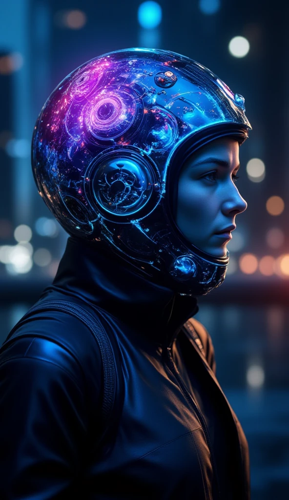 
Futuristic scene featuring an individual with an illuminated headpiece resembling a mix of advanced technology and cosmic imagery. The headpiece is integrated with what appears to be digital and neural connectors, glowing with vibrant blue and purple hues. The environment is dark, accentuating the luminous details of the apparatus, creating a high-tech and surreal atmosphere.