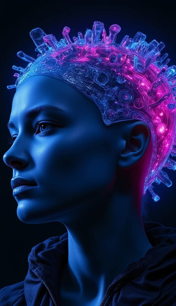 
Futuristic scene featuring an individual with an illuminated headpiece resembling a mix of advanced technology and cosmic imagery. The headpiece is integrated with what appears to be digital and neural connectors, glowing with vibrant blue and purple hues. The environment is dark, accentuating the luminous details of the apparatus, creating a high-tech and surreal atmosphere.