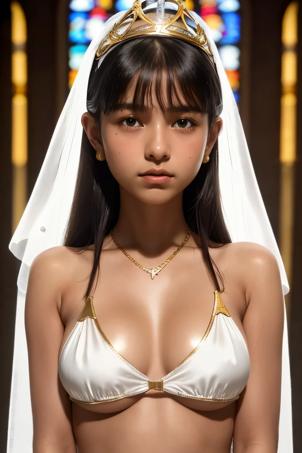 best quality, masterpiece, young french girl, (14yo:1.4), ((tanned skin)), (silhouette lighting:1.1), (upper body:1.5), pigtail hair with bangs, large breast, hourglass figure, oily skin, (white silk bikini with gold accents:1.2), (underboob:1.4), ((tiara, face veil), hands down, at church