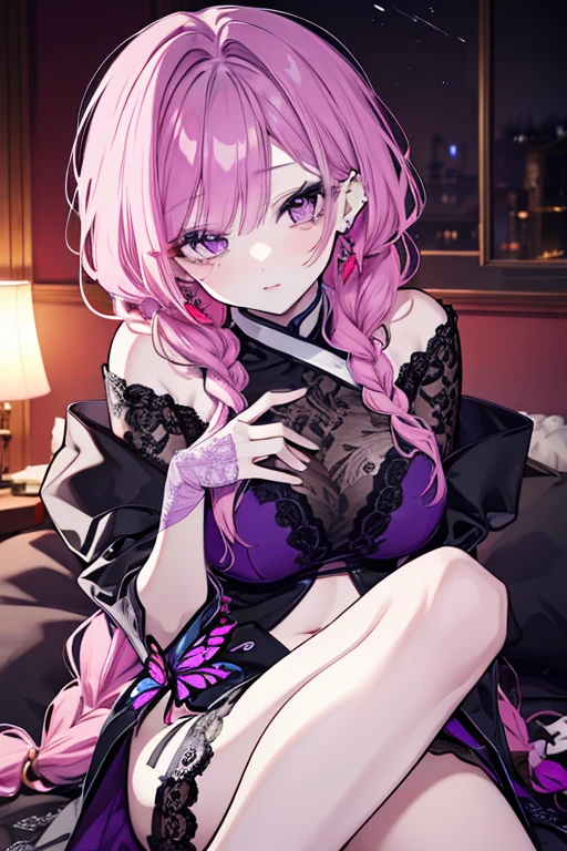 (best quality:1.2), (ultra detailed:1.2),(masterpiece:1.2),(8k:1.2),(bbtowa, long hair, single hair bun, black headwear, beret, fake horns, hair ornament, piercing, demon tail, black bowtie, white shirt, sleeveless, off shoulder, grey cardigan, open clothes, sleeves past wrists, black skirt, suspender skirt, thigh strap),(Blessed,Captivating body、Ultra detailed hands、Ultra-detailed eyes、Ultra-detailed skin、ultra-detailed face,Detailed Background),One Girl、(bedroom,lie down:1.7),(arms up:1.3),(smiling mischievously:1.5)