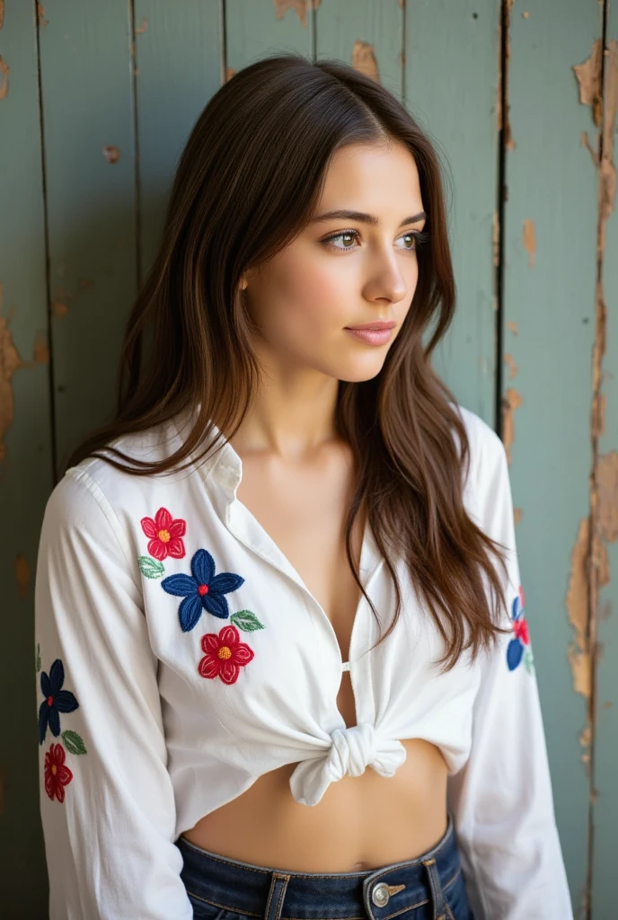 Portrait of a young woman with long, wavy brown hair, wearing a white blouse with floral embroidery in red and blue. The blouse is tied at the waist, exposing her midriff, paired with dark high-waisted jeans. She stands against a rustic wooden background with peeling paint, gazing thoughtfully to the side. Soft, natural light enhances her facial features and creates a warm, inviting atmosphere.