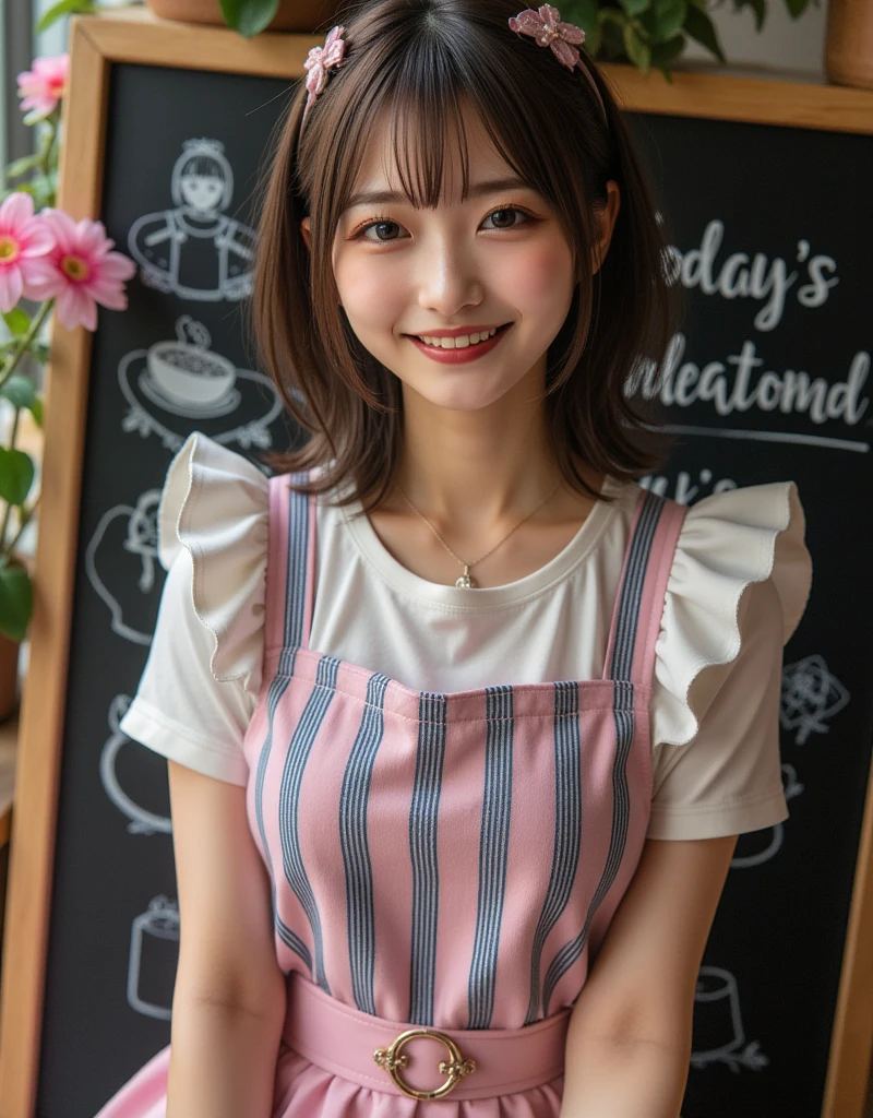 ultra-realistic, photorealistic, dramatic scene, shadow, global-illumination, solo, (20 years old Japanese famous idol girl:1.5), very beautiful fragile Japanese girl, very beautiful with very cute face, (modern maid, detailed face skin texture, cowboy shot:1.2), (wearing a cute pastel colored maid outfits with frills:1.2), (apron with vertical navy stripes:1.2), happy smile, She draws a realistic large waitress of Chibi-Anime-Girl with gorgeous lunch dishes and beautiful decoration on a blackboard with chalk, a blackboard is placed at the entrance of the trendy café, (the blackboard reads "Today's Recommendation"), flowers, plants