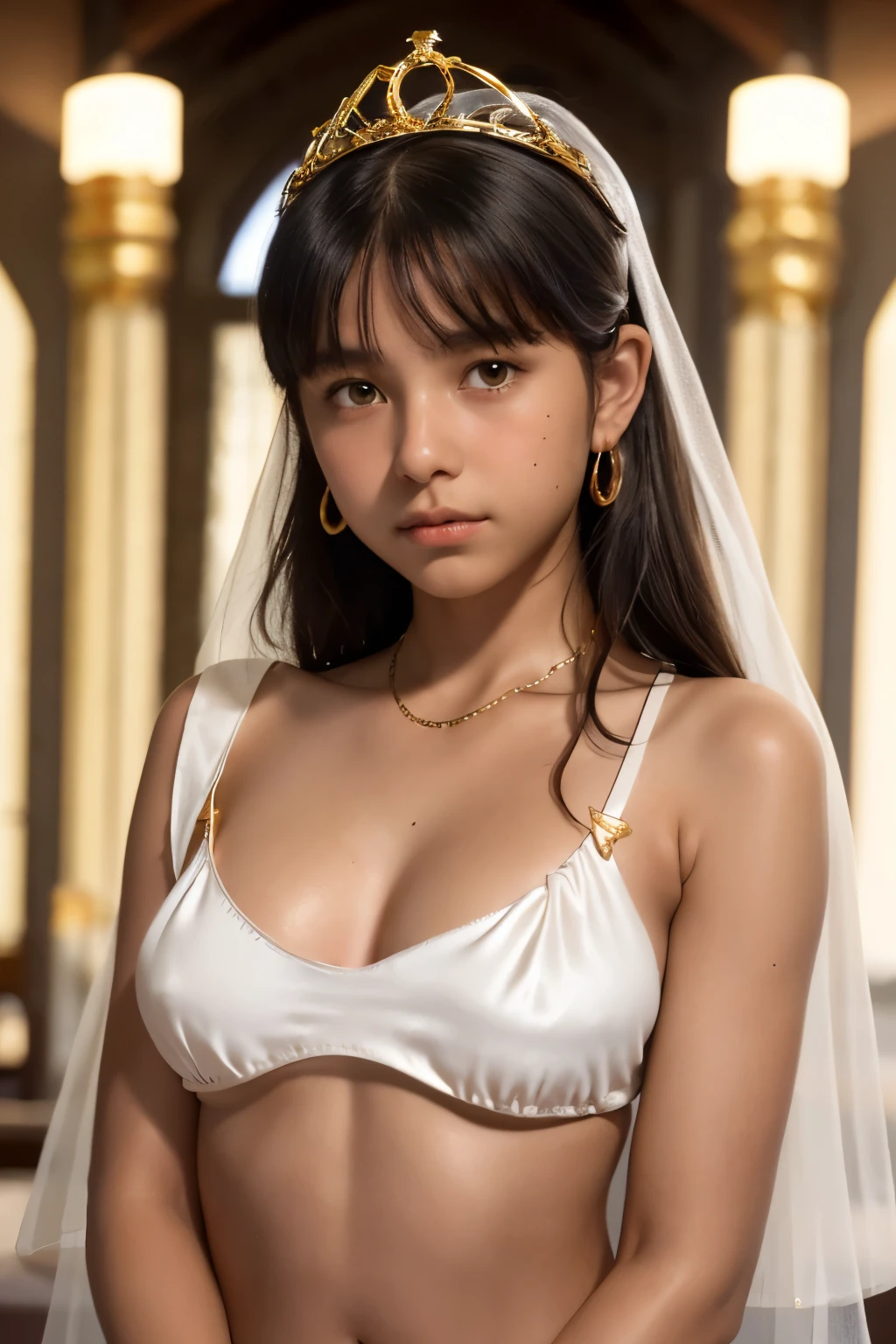 best quality, masterpiece, young french girl, (yo:1.4), ((tanned skin)), (silhouette lighting:1.1), (upper body:1.5), pigtail hair with bangs, large breast, hourglass figure, oily skin, (white silk bikini with gold accents:1.2), (underboob:1.4), ((tiara, face veil), hands down, at church