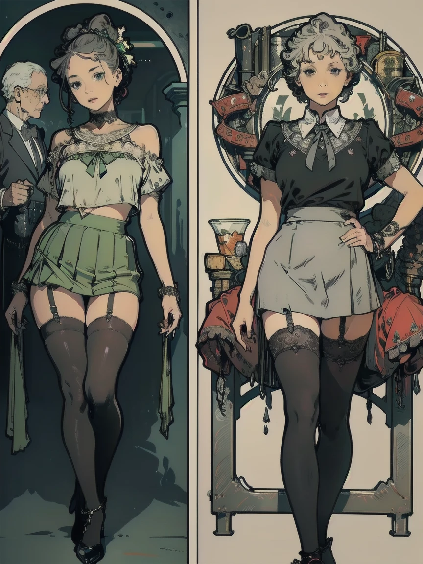 perfect anatomy, A woman with a toned body, 1girl, Alone, A handgun in her hand , Grey Hair, Big Breasts,  shorthair , (( black and gray social blouse ,  black and gray tight mini skirt、 embroidered lace garter stockings )),  black high heels,  serious expressions, Light green eyes, ancient ruins ,  black tuxedo .