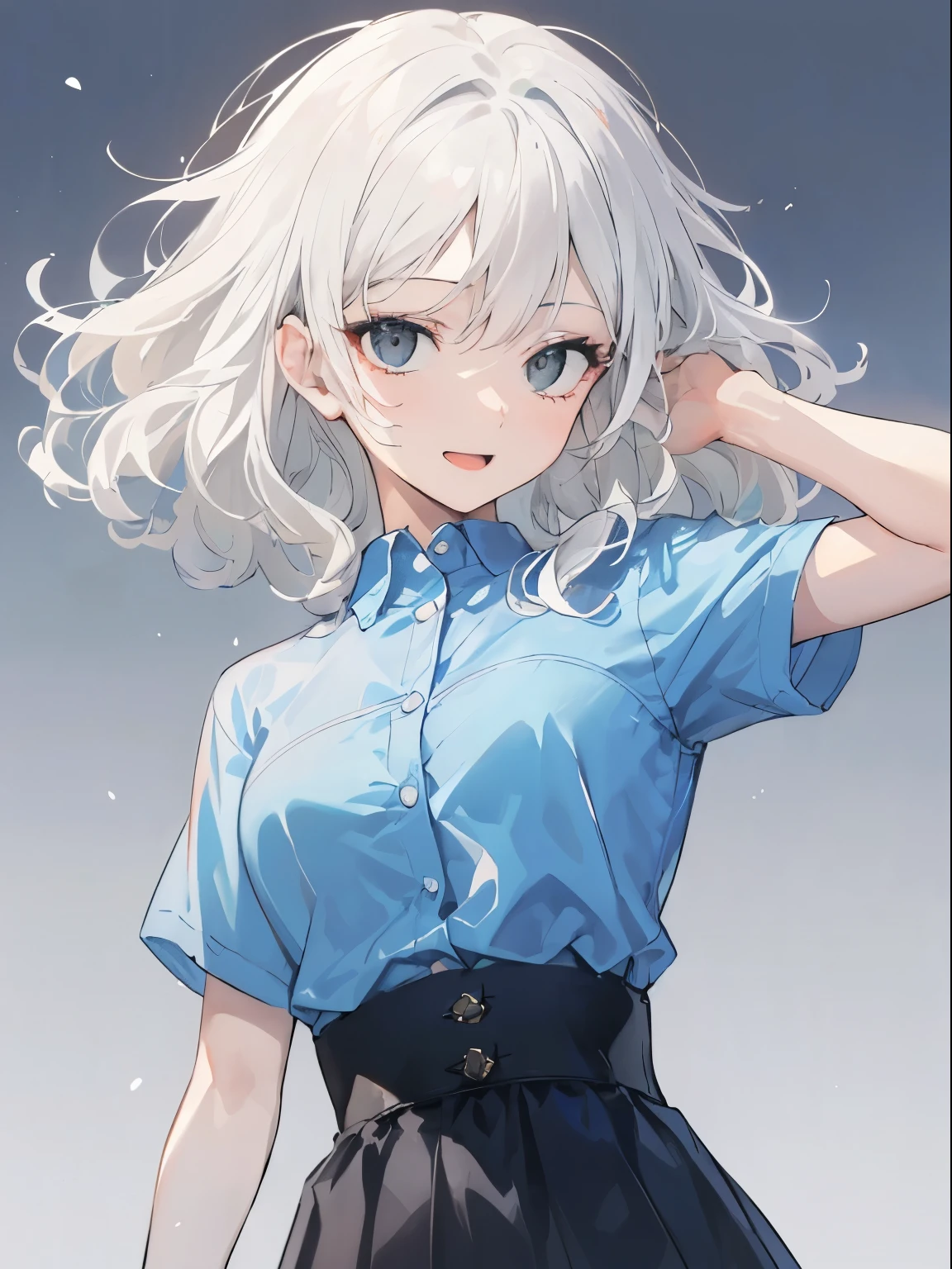 (gentle smile, open mouth), France, 1 girl, upper body, (facing viewer, looking viewer), standing straight, (black eyes, (sanpaku), (white hair), wavy hair, medium hair, medium breast), ((((blue shirt)))), ((black high-waist skirt)), (gray background), Sharp Focus, (Best Quality, masterpiece, detailed, facial focus), (solo shot), (hip, waist)