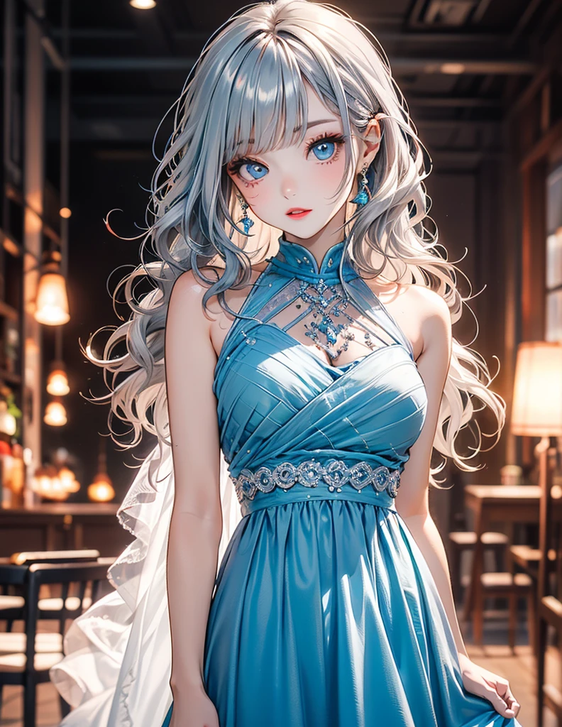 8K,gal,an extremely delicate and beautiful,Beautiful and realistic skin,Shiny jewel-like earrings,Shine like glitter long silver hair,beautiful eyes,full body,ホットパンツ,タンクトップ,ファッションモデル