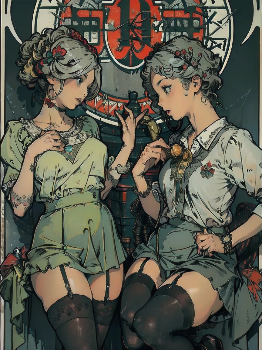 perfect anatomy, Tarot、A woman with a toned body, 1girl, Alone, A handgun in her hand , Grey Hair, Big Breasts,  shorthair , (( black and gray social blouse ,  black and gray tight mini skirt、 embroidered lace garter stockings )),  black high heels,  serious expressions, Light green eyes, ancient ruins ,  black tuxedo .