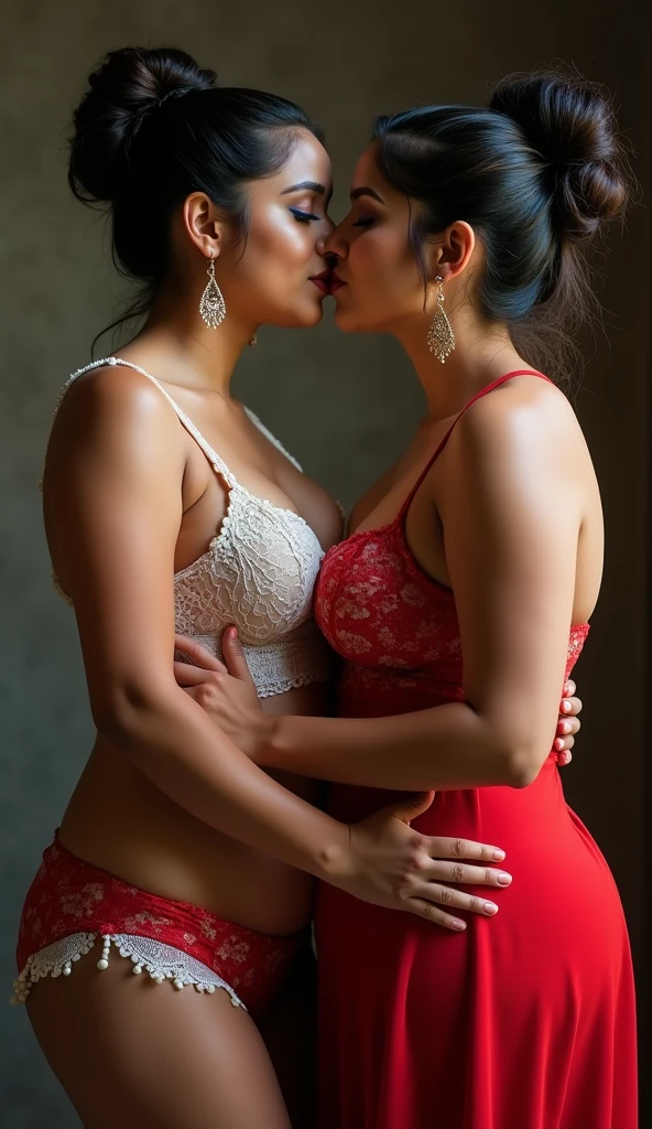 masterpiece,best qualtiy,hdr, hyper HD, 8K,Bokeh,Ultra-fine painting,Sharp focus,Physically-based rendering,Extreme detail description,full-body photo, perfect eyes, perfect hands, perfect body, perfect hair, (EOS R8, 50 millimeters, F1.2, 8K, RAW photo:1.2), photograph by arny freytag, rapunzel and pocahontas posing in princess dresses, (big breasts:1.3), (smile:0.95), (holding breasts:1.1), (kissing:1.2)
