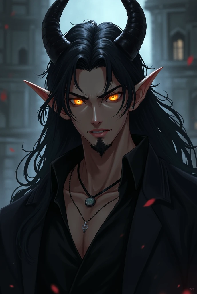 ((Best quality)), ((masterpiece)), 8k (detailed), ((perfect face)), perfect proporcions, ((halfbody)) he is a sorcerer, he is 18 years old, he dresses in a wizard's robe, gothic style, he has orange eyes, he has long wavy black hair, he is in a witcher's hut, he is strong and muscular, he has the bare torso, he is a demon ((perfect face)) sexy male, gothic make up ((fullfbody)) two man, black hair, he has demon wings, he has black horns, horns, demon