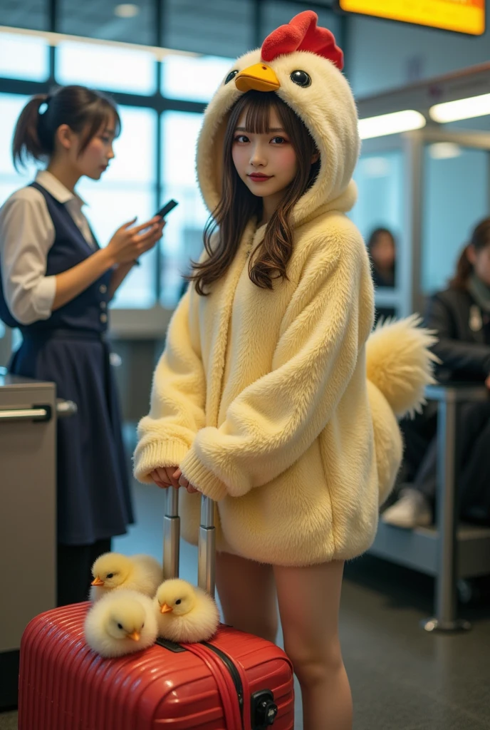 ultra-realistic, photorealistic, dramatic scene, shadow, global-illumination, solo, (teenage Japanese famous idol girl:1.5), very beautiful fragile Japanese girl, very beautiful with very cute but boyish cool face, (very large breasts), slim waist, moles, detailed face skin texture, professional lighting, (wearing a very fluffy stuffed chicken costume that looks like a stuffed animal show:1.2), her body is very fluffy like a chicken, large chicken mascot head, cute tail, (very large breasts), she is traveling abroad alone, (She is at the airport security gate undergoing baggage screening, She opens a large suitcase filled with cute chicks and shows it to the female inspector), The female inspector is surprised to see that the suitcase is filled with cute chicks