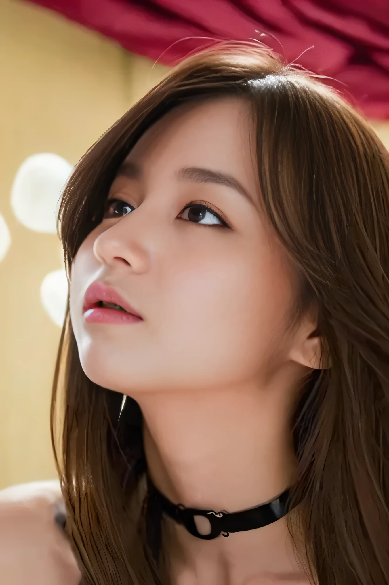 (8k, original photo, Best Quality, masterpiece:1.2,),((((((truthistic, photo truthistic:1.3)))))),((( detailed background :1.2))),((Open your mouth slightly:1.3)), ultra high resolution, (8k, original photo, Best Quality, masterpiece),(truthistic, photo truthistic), ultra high resolution, Highly Detailed CG Integration 8k Wallpaper ,(truth_skin, oily skin), perfect anatomy, Beautiful light brown hair, Shiny Medium Semi Long Hair ,Night Time,(thigh), full body shot, choker,( Hollow Eyes:1.5),Thin eyebrows, beautiful face,透き通ったskin, erotic,(Big Breasts:1.5),Small Nose,Glossy lips,Sex slave,Expressionless like a doll,( Love Hotel:1.8、Love Bed、ベッドの上にKneel:1.7) 、( I can see the night view from the window :1.5),( showing cleavage :1.2),(( Sexy Magenta Silk Mini Dress:1.5)),Kneel, fellatio, sitting on one knee, thighs widening , Hands tied behind back, Sexy Poses, Kneel, Eye contact with the man above her, Man standing over her, (Looking up at the man:1.6),( frontal angles with different eye colors:1.5)