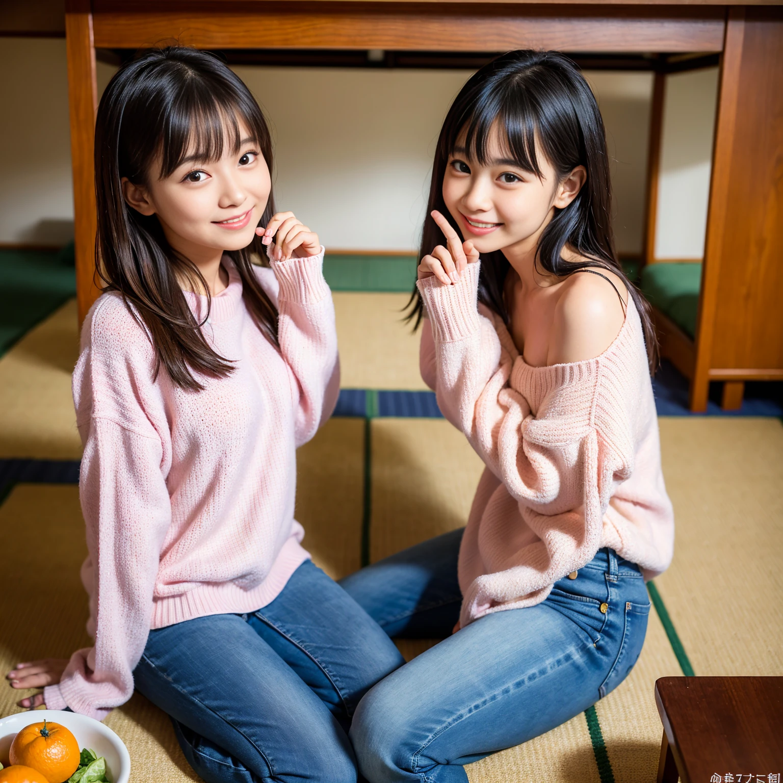 BEST-QUALITY, MASTERPIECE, ULTRA-HIGH-RESOLUTION, (PHOTOREALISTIC:1.4), RAW-PHOTO, ULTRA DETAILES, PERFECT-ANATOMY, 

at midnight, In the Japanese-style room, 2girls, lesbian couple, 15-years-old and the most popular Japanese idol, 18-years-old and the most popular Japanese actress, (((sitting across the table facing each other))), holding small Mandarin Oranges, (((looking at each other and laughing))), detailed table, detailed Mandarin Oranges on the KOTATSU, detailed pink sweater, detailed white sweater, detailed jeans, both different faces, extremely cute profile like a Japanese famous idol, extremely beautiful profile like a famous Japanese actress, extremely beautiful big black eyes, extremely beautiful black solid circle eyes, extremely beautiful and extremely realistic skins, extremely beautiful hands, detailed fingers