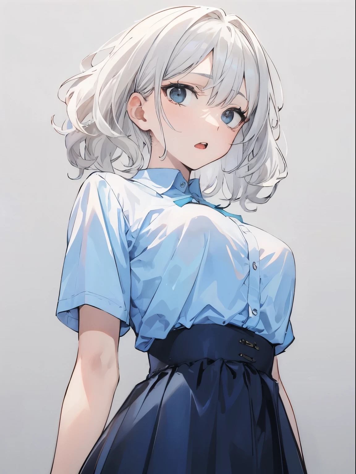 ((surprised, wide eyed)), (open mouth), France, 1 girl, upper body, (facing viewer, looking viewer), standing straight, (black eyes, (sanpaku), (white hair), wavy hair, medium hair, medium breast), ((((blue shirt)))), ((black high-waist skirt)), (gray background), Sharp Focus, (Best Quality, masterpiece, detailed, facial focus), (solo shot), (hip, waist)