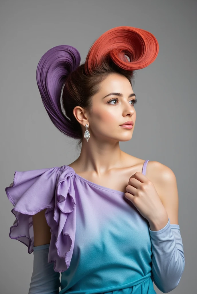  an image of a person with a flowing, sculptural hairstyle and garment that echo the movement of water. The hair and attire should be crafted with smooth, swirling patterns that extend and blend into each other, in a seamless and organic fashion. The color scheme should be a gradient of purple and red to aquamarine, set against a neutral gray background to emphasize the subject. The subject's pose should be elegant and poised, with a profile view showcasing refined features and a calm, contemplative expression. Add a detailed, ornate earring to the subject to bring an additional element of sophistication. The lighting should cast soft shadows to define the swirling forms, creating a luxurious and modern aesthetic."