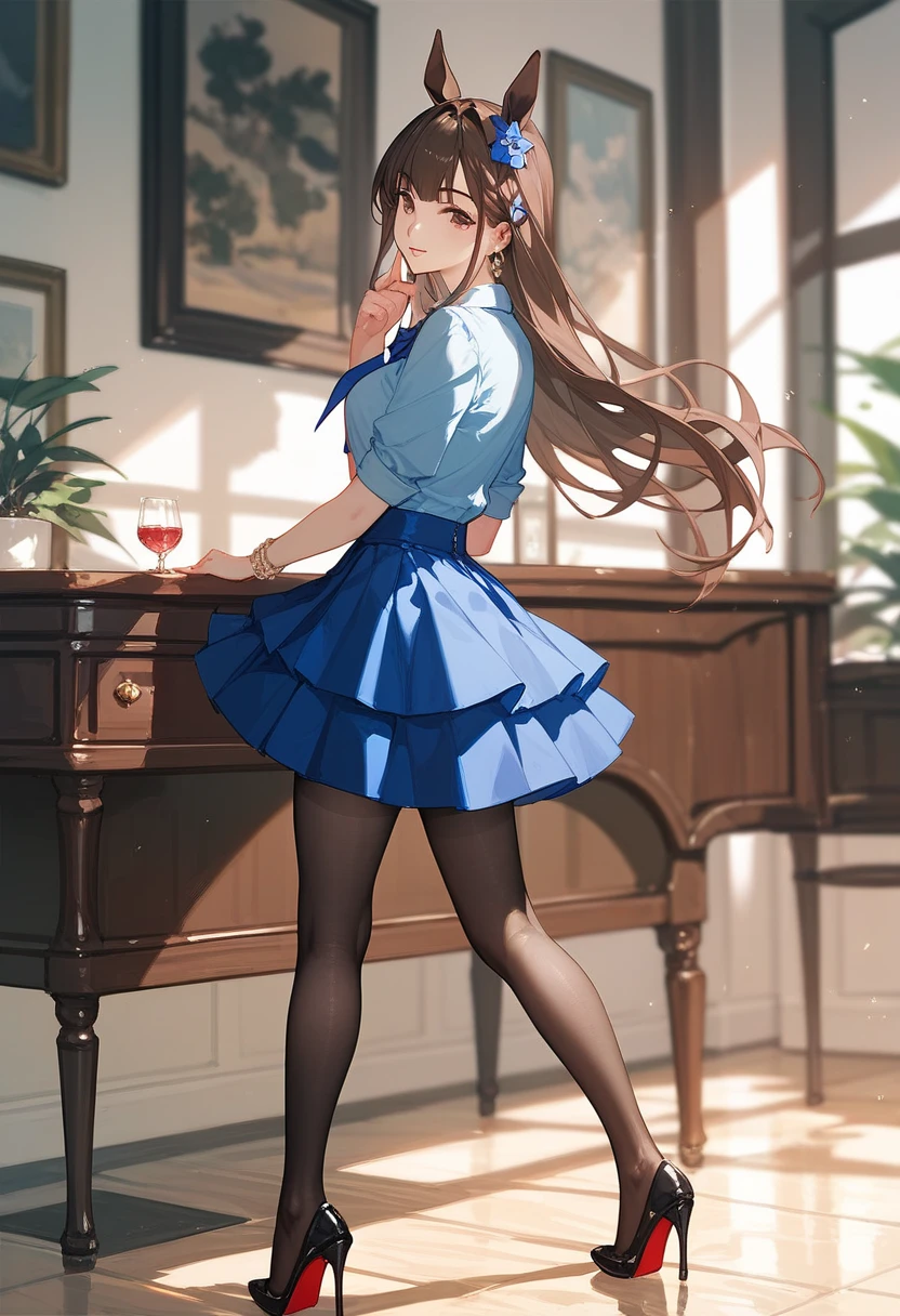 Admire Vega(Horse Girl)、horse ear、Dark brown hair、 zitales、Blue clothes、skirt、 black tights、 high heels