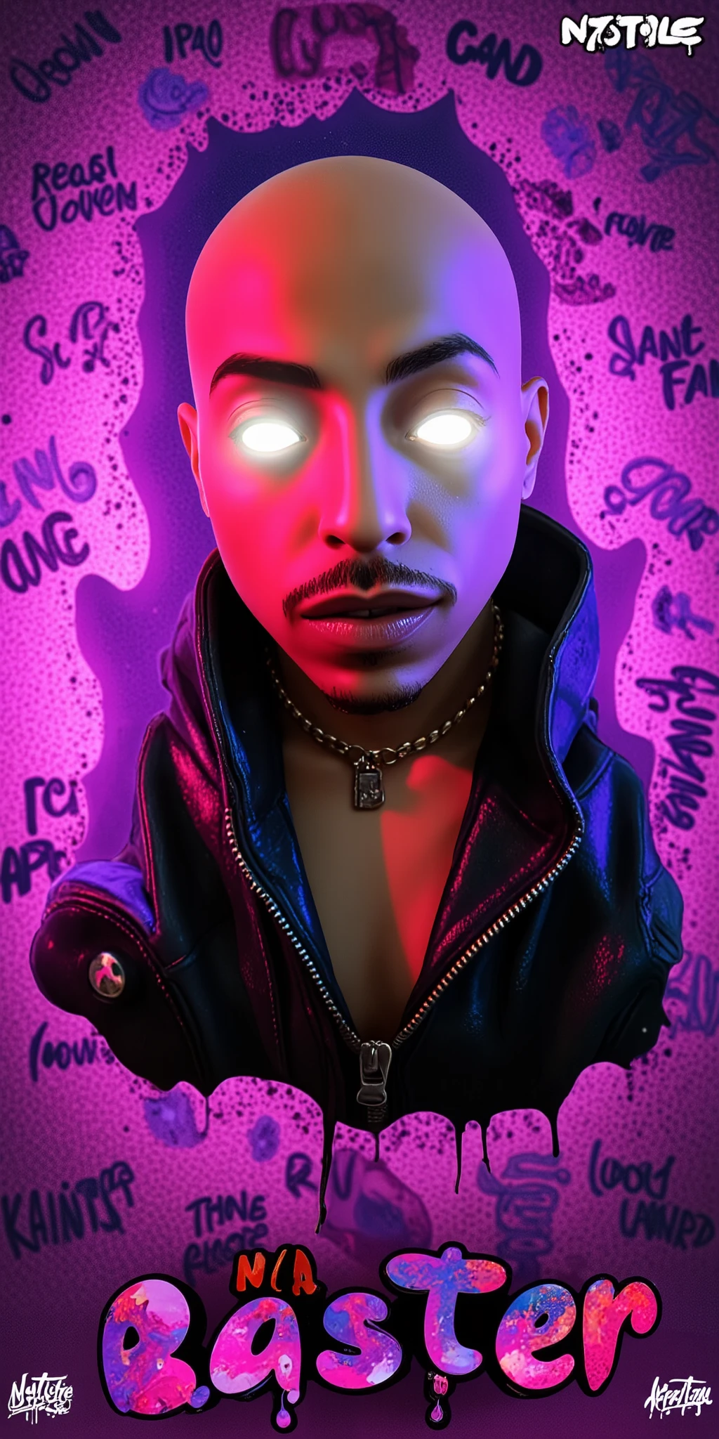 3D animated Character Nztykle . The man is Muscular Wearing Streetwear, the man has super close shaven skin Bald Head::5.1 , dreamscape portraiture, eye-catching detail, A 3D render of an anime-style bald-headed character with brown skin and glowing white eyes. The character is set against an Vibrant Pastel The character exudes a mysterious aura. The background contains provocative text phrases like "Raptile," "Talijuano," and shocking confessions. The words "NA LISTEN" are prominently displayed in large, bold letters at the bottom, with a random and creative color scheme that is 3 contrasting colors that are interesting . The scene is further enhanced with mature elements such as 18+ icons, , and a smirking emoji, adding a controversial and mature touch to the theme. highly detailed illustrations, in the style of 8k resolution, in the style of realistic detail, juxtaposition of hard and soft lines, 3D animated Character Nztykle powerful warlock in streetwear NIke x Takashi Murakami x Raf Simmons x Yeezy x Pharrell Williams x Kaws, avatar animated style, 3d, 8k, in the style of Jed-clrfl