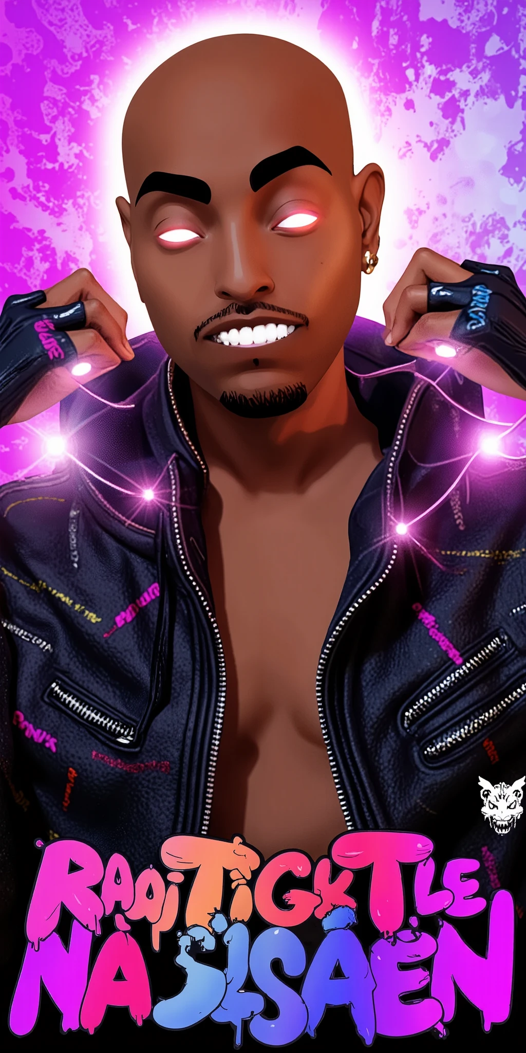 3D animated Character Nztykle . The man is Muscular Wearing Streetwear, the man has super close shaven skin Bald Head::5.1 , dreamscape portraiture, eye-catching detail, A 3D render of an anime-style bald-headed character with brown skin and glowing white eyes. The character is set against an Vibrant Pastel The character exudes a mysterious aura. The background contains provocative text phrases like "Raptile," "Talijuano," and shocking confessions. The words "NA LISTEN" are prominently displayed in large, bold letters at the bottom, with a random and creative color scheme that is 3 contrasting colors that are interesting . The scene is further enhanced with mature elements such as 18+ icons, , and a smirking emoji, adding a controversial and mature touch to the theme. highly detailed illustrations, in the style of 8k resolution, in the style of realistic detail, juxtaposition of hard and soft lines, 3D animated Character Nztykle powerful warlock in streetwear NIke x Takashi Murakami x Raf Simmons x Yeezy x Pharrell Williams x Kaws, avatar animated style, 3d, 8k, in the style of Jed-clrfl