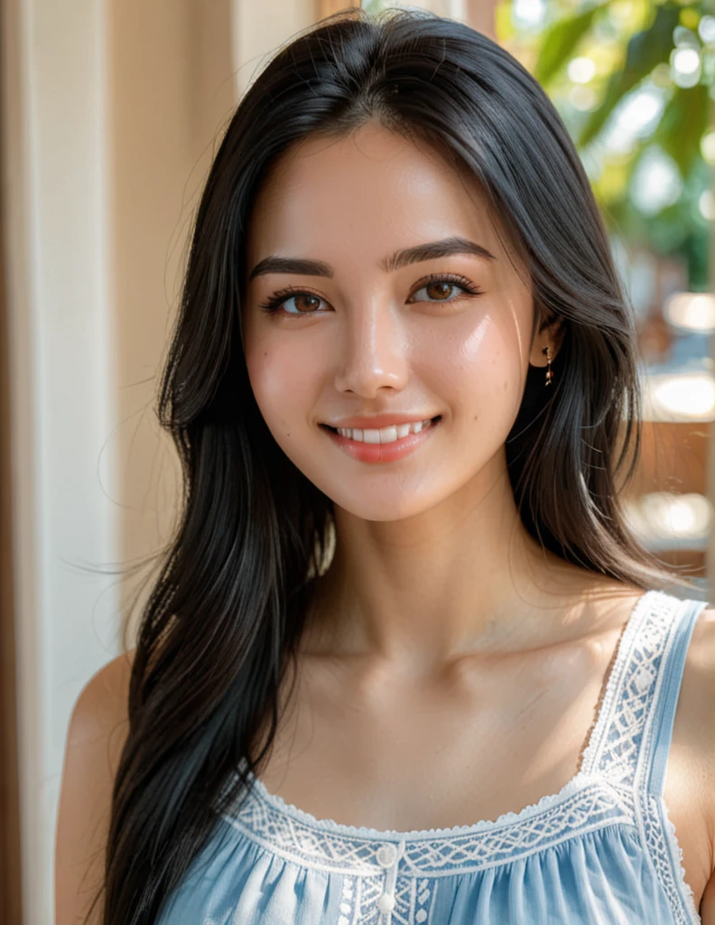 high detail portrait, (photorealistic), 1girl, (best quality, super detail), beautiful face, gentle smile, black hair, long hair, smooth skin, white skin, light blue sundress, cozy atmosphere, high key lighting, (sunlight), ocean background, intricate detailed, sharp focus, diffused light, HD, 8K