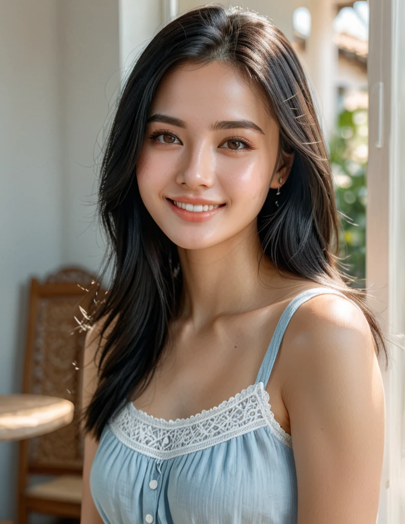 high detail portrait, (photorealistic), 1girl, (best quality, super detail), beautiful face, gentle smile, black hair, long hair, smooth skin, white skin, light blue sundress, cozy atmosphere, high key lighting, (sunlight), ocean background, intricate detailed, sharp focus, diffused light, HD, 8K