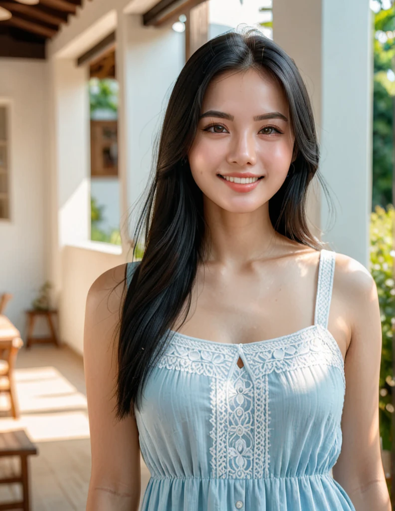 high detail portrait, (photorealistic), 1girl, (best quality, super detail), beautiful face, gentle smile, black hair, long hair, smooth skin, white skin, light blue sundress, cozy atmosphere, high key lighting, (sunlight), ocean background, intricate detailed, sharp focus, diffused light, HD, 8K