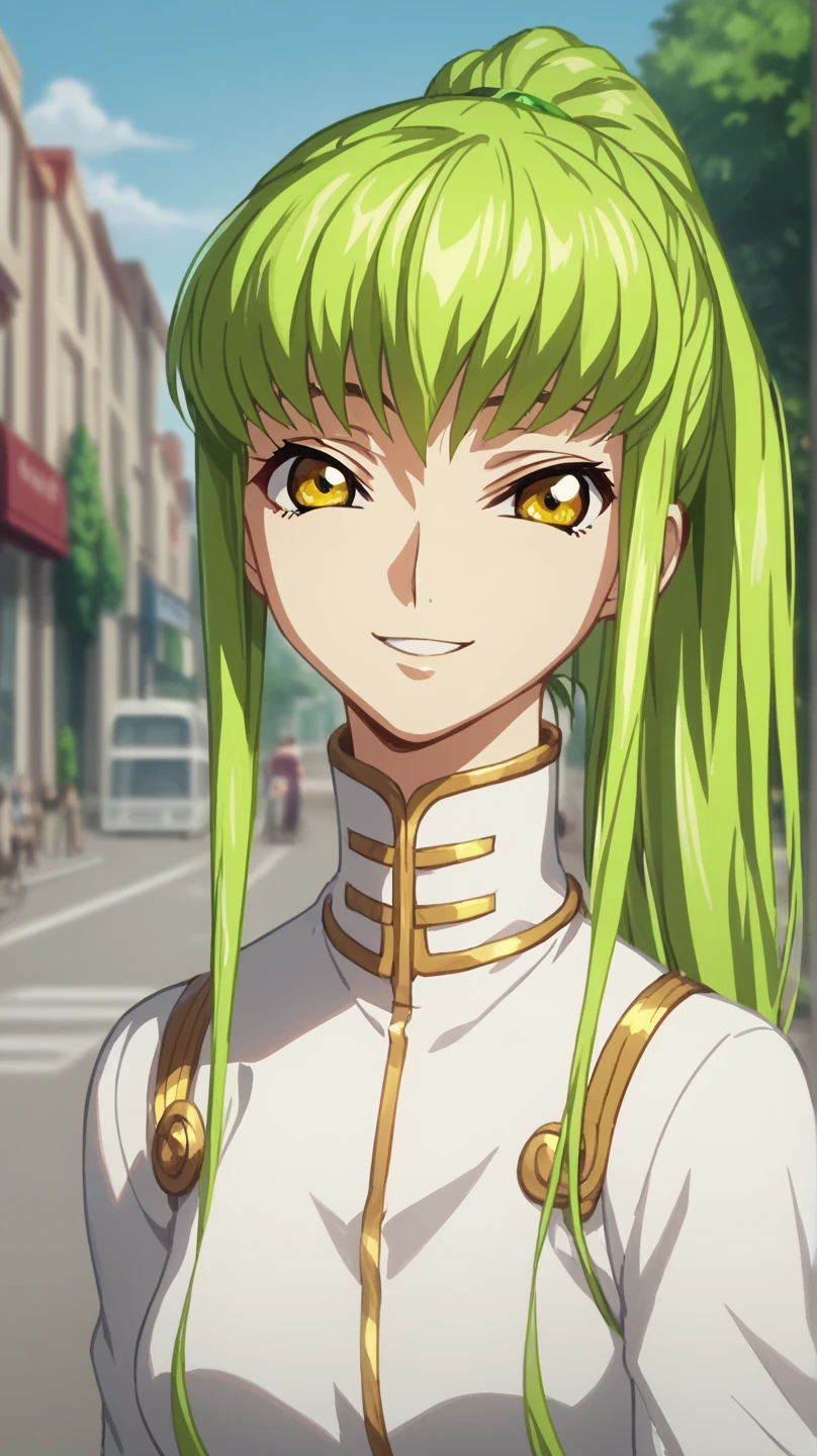 score_9, score_8_up, score_7_up, source_anime, rating_safe, intricate details, anime screencap, anime coloring, , looking at viewer, depth of field, 1girl, s, solo, women focus, C.C., lime hair, gold eyes, front ponytail hair, smile, cute, white suit, street, day, best quality, masterpiece+