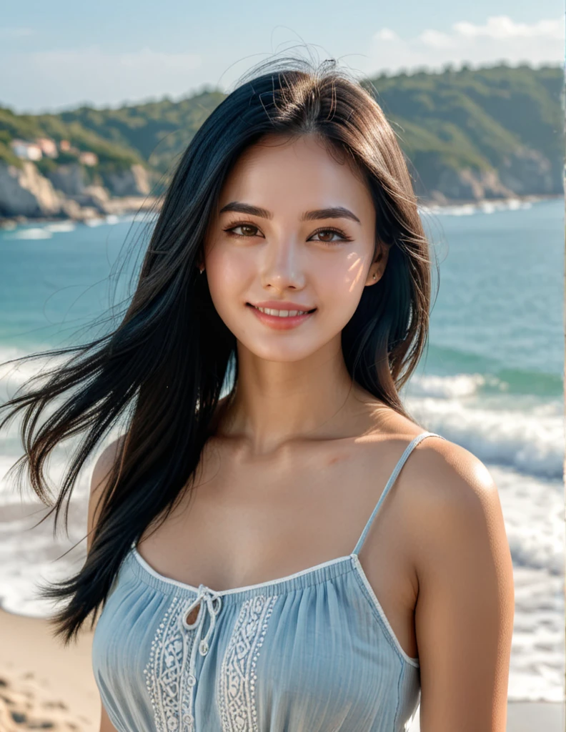 high detail portrait, (photorealistic), 1girl, (best quality, super detail), beautiful face, gentle smile, black hair, long hair, smooth skin, white skin, light blue sundress, cozy atmosphere, high key lighting, (sunlight), ocean background, intricate detailed, sharp focus, diffused light, HD, 8K