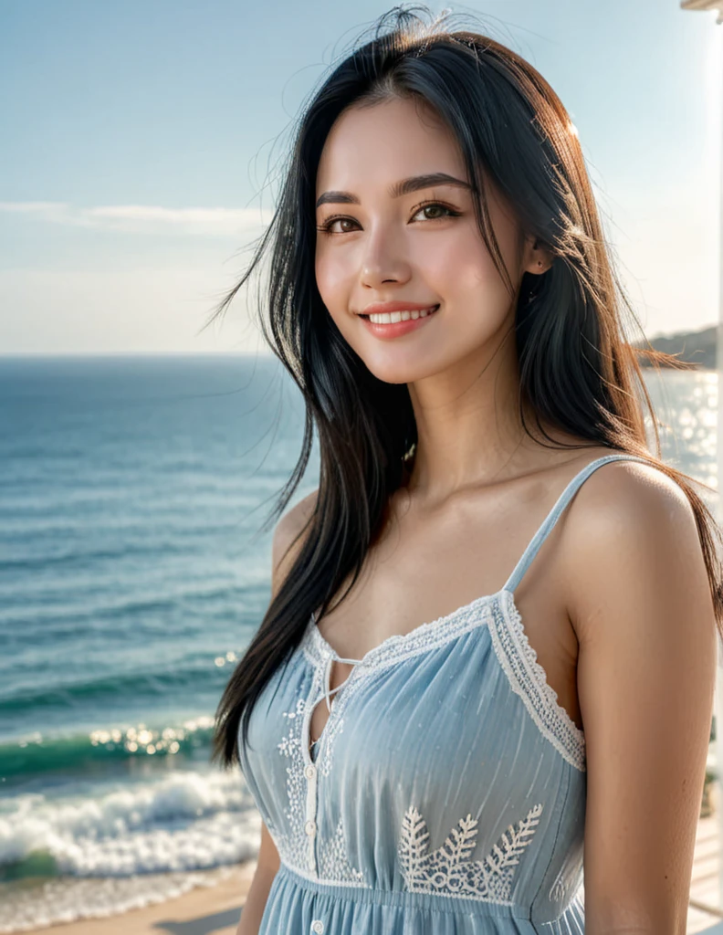 high detail portrait, (photorealistic), 1girl, (best quality, super detail), beautiful face, gentle smile, black hair, long hair, smooth skin, white skin, light blue sundress, cozy atmosphere, high key lighting, (sunlight), ocean background, intricate detailed, sharp focus, diffused light, HD, 8K