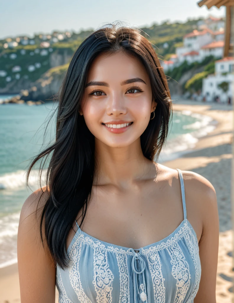 high detail portrait, (photorealistic), 1girl, (best quality, super detail), beautiful face, gentle smile, black hair, long hair, smooth skin, white skin, light blue sundress, cozy atmosphere, high key lighting, (sunlight), ocean background, intricate detailed, sharp focus, diffused light, HD, 8K