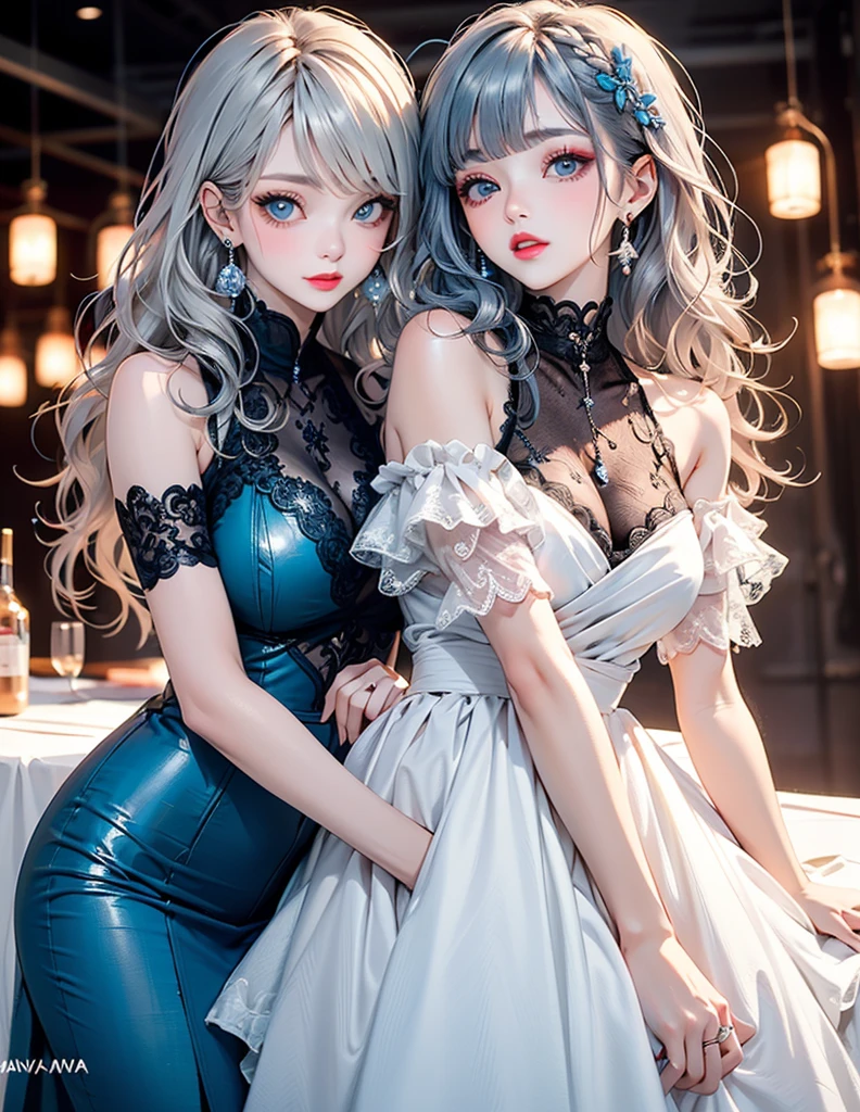realisticlying，2girls，Blue hair，Purple eye，gloweyes，Cut the top，a skirt，Parting lips，Be red in the face，the night，fresh flowers，suns，sun beam，large tities
