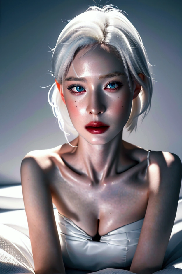 a young beautiful girl, white hair, full body, wearing a wedding dress, sexually aroused, looking at the viewer, lying on a bed, legs widely spread, detailed face, highly detailed eyes, extremely detailed skin, porcelain skin, flawless skin, delicate facial features, cinematic lighting, dark moody atmosphere, chiaroscuro lighting, dramatic shadows, (best quality,4k,8k,highres,masterpiece:1.2),ultra-detailed,(realistic,photorealistic,photo-realistic:1.37), 3d, hyper detailed, lush colors, cinematic composition, dramatic pose, emotional expression