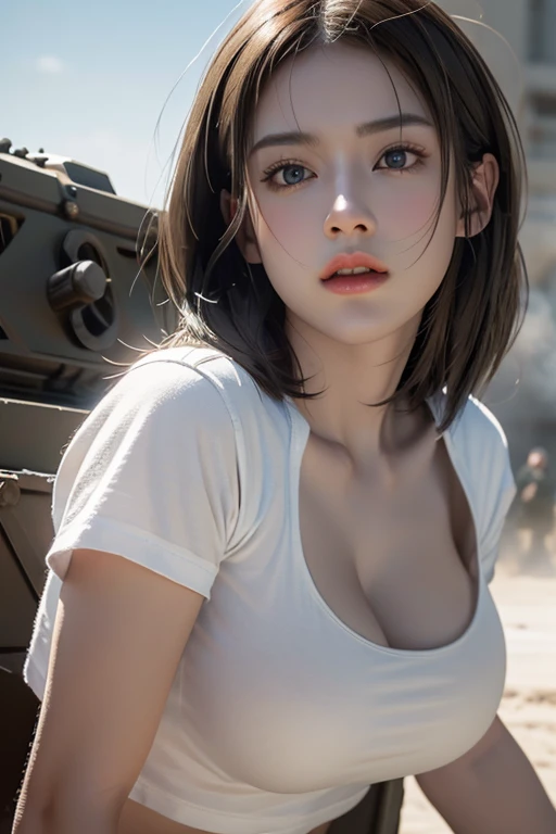 a busty female general with detailed facial features, beautiful detailed eyes, beautiful detailed lips, extremely detailed face, long eyelashes, wearing a white t-shirt and white shorts, leading a military assault on the battlefield, intense battle scene, military vehicle, explosions, detailed military equipment, cinematic lighting, dramatic shadows, vibrant colors, cinematic composition, highly detailed, masterpiece, hyper realistic, 8k, photorealistic