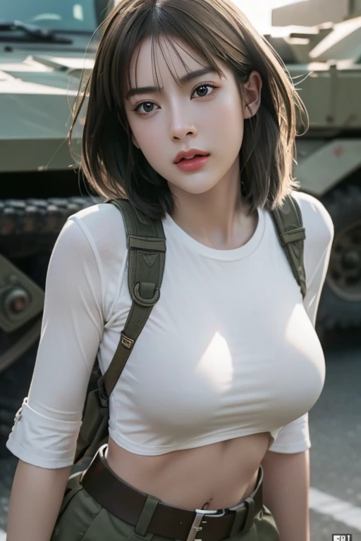 a busty female general with detailed facial features, beautiful detailed eyes, beautiful detailed lips, extremely detailed face, long eyelashes, wearing a white t-shirt and white shorts, leading a military assault on the battlefield, intense battle scene, military vehicle, explosions, detailed military equipment, cinematic lighting, dramatic shadows, vibrant colors, cinematic composition, highly detailed, masterpiece, hyper realistic, 8k, photorealistic