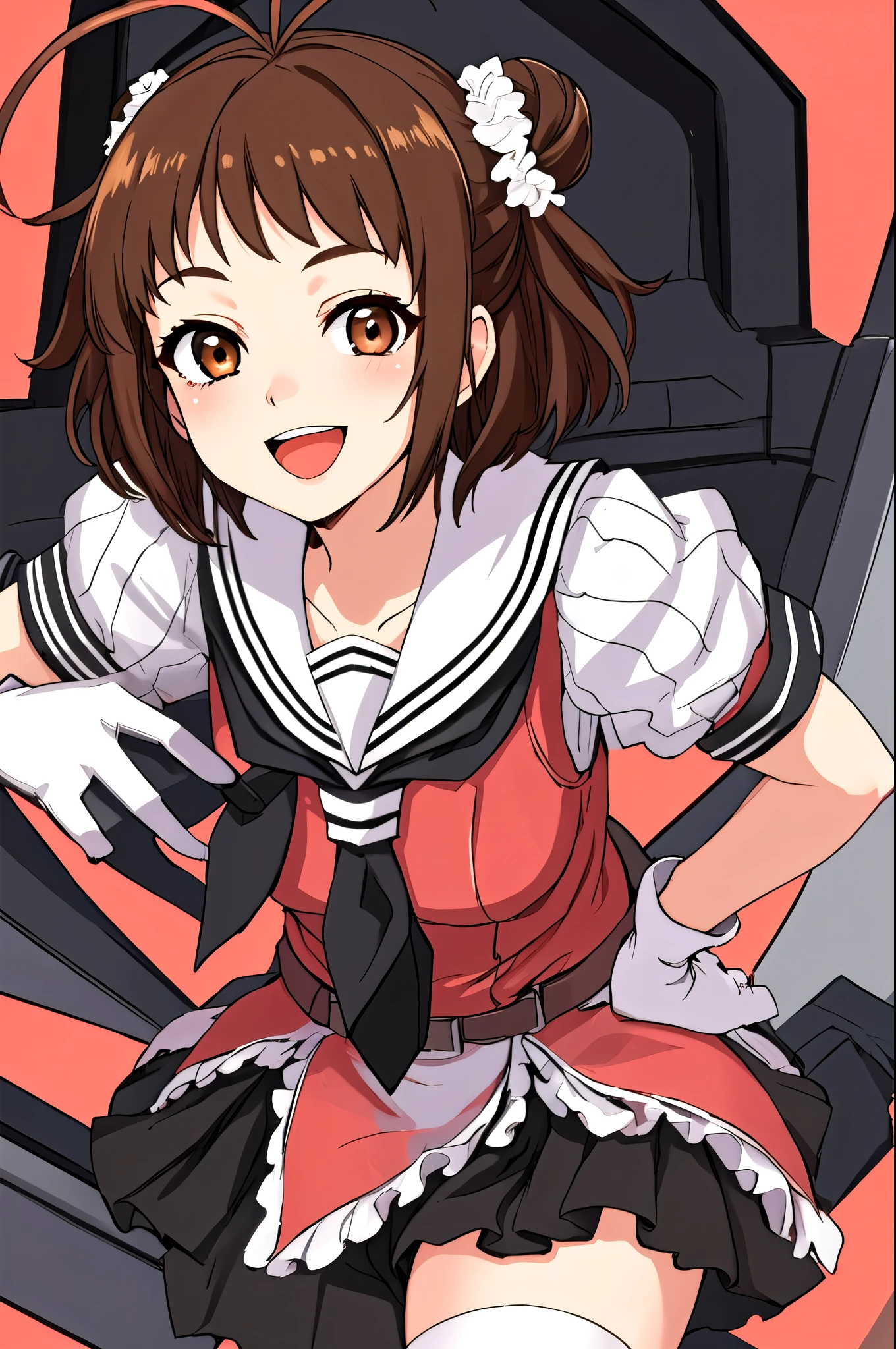  best quality, masterpiece,  high definition , Alone, {On_ kantaicolection :1.15}, double_ good, hair_ good, brown_hair, short_hair, antenna_hair, brown_eyes, smile, Seraph, open_mouth, One_eye_closure,  1 girl, ;d, Gloves,  stare _in_ viewer in m, School_uniform, v, white_Gloves