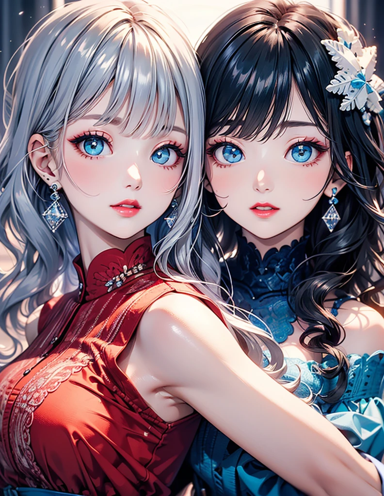 best quality, masterpiece, highres, 3 noble girls, luxury chambers bedroom background, lying on bed, lesbians, making out, kissing, intimate, laying on eachother, kneeling, shot from behind, touching eachother, seducing, snapping, eighteen forbidden, asian style, hanfu, white and even teeth, irises, full body shot, shot from behind, chinese women's clothing, chinese traditional dress, long dress, different colors, wearing a nightgown thin lace deep slit chest, chinese underwear, stockings, wearing stockings, all wearing stockings, lace stockings, mesh stockings with hooks on underwear, garter belt, high heels, high boots, wearing high leather boots, high latex boots, corsait, turtleneck polo lace top, choker, leash, BDSM, chains, chained, long gloves, makeup, eyes with very sharp and detailed makeup, lipstick, very long hair, ponytail, hair ornaments, necklace, jewelry, crown jewelry, Pretty face, magic import style, tyndall effect, photo realistic, dark studio, border light, two tone light, (high detail skin: 1.2), 8k uhd, dslr , soft light, high quality, volumetric light, candid, Photo , high resolution, 4k, 8k, Bokeh, In the Dark: 1.6), surreal full body of women by David Hockney and Alphonse Mucha, fantasy art, photorealism, dynamic lighting, station art, posters, volumetric lighting, highly detailed faces , super 8k, Awarded, in the dark, deep shadow, low light, bust, Royal style family, Best face, Very round and tight breasts, Surreal, guweiz, (full body), (Background detail 1.8), moderately big butt, --auto