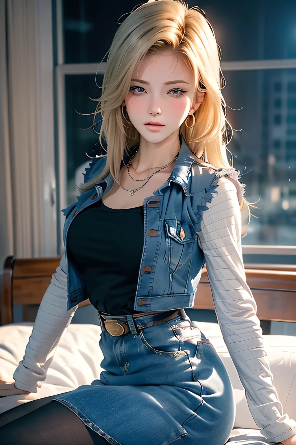 Woman, (slim body), small breasts, straight long hair, blonde hair color, pimple on face, smile, long red blouse, medium jeans shorts, , realistic, ultra 4k, extremely detailed,
