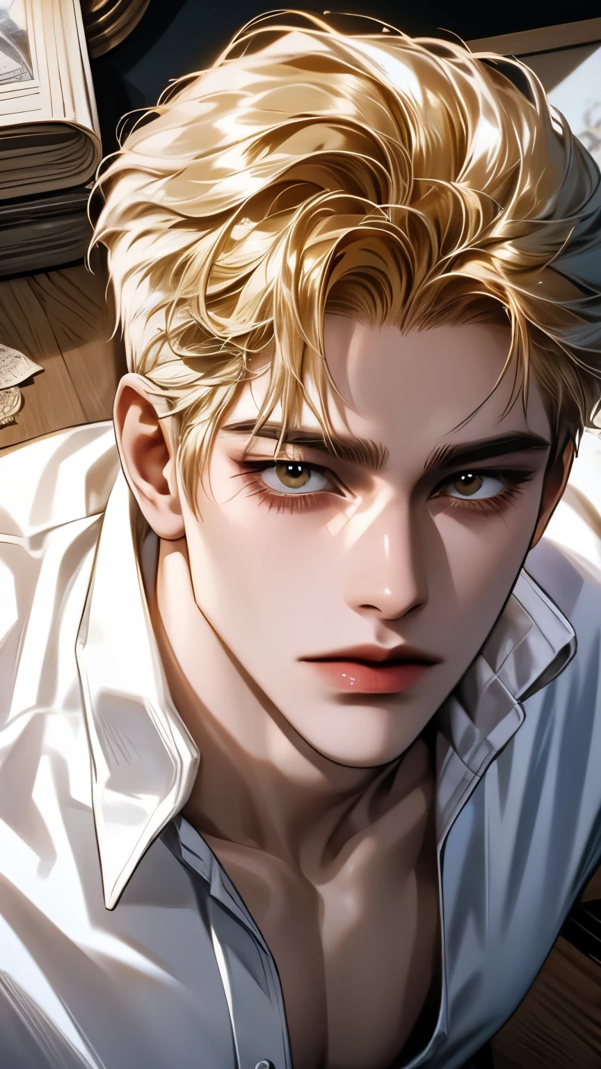 boy, light yellow hair, white eyes, white skin , sharp eyes, seen from above, ((Unpacking a white shirt))