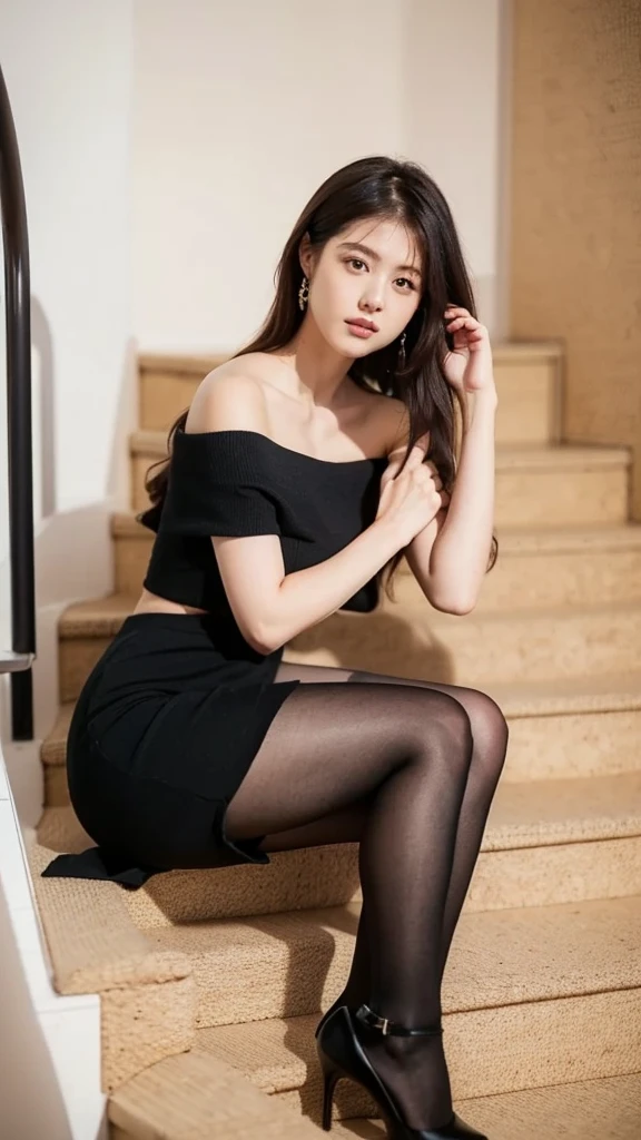  beautiful woman sitting on stairs、off shoulder、 black pantyhose 、 skirt
High resolution , masterpiece,  textured skin,  Ultra High Definition,  best quality, 
8k、4K、