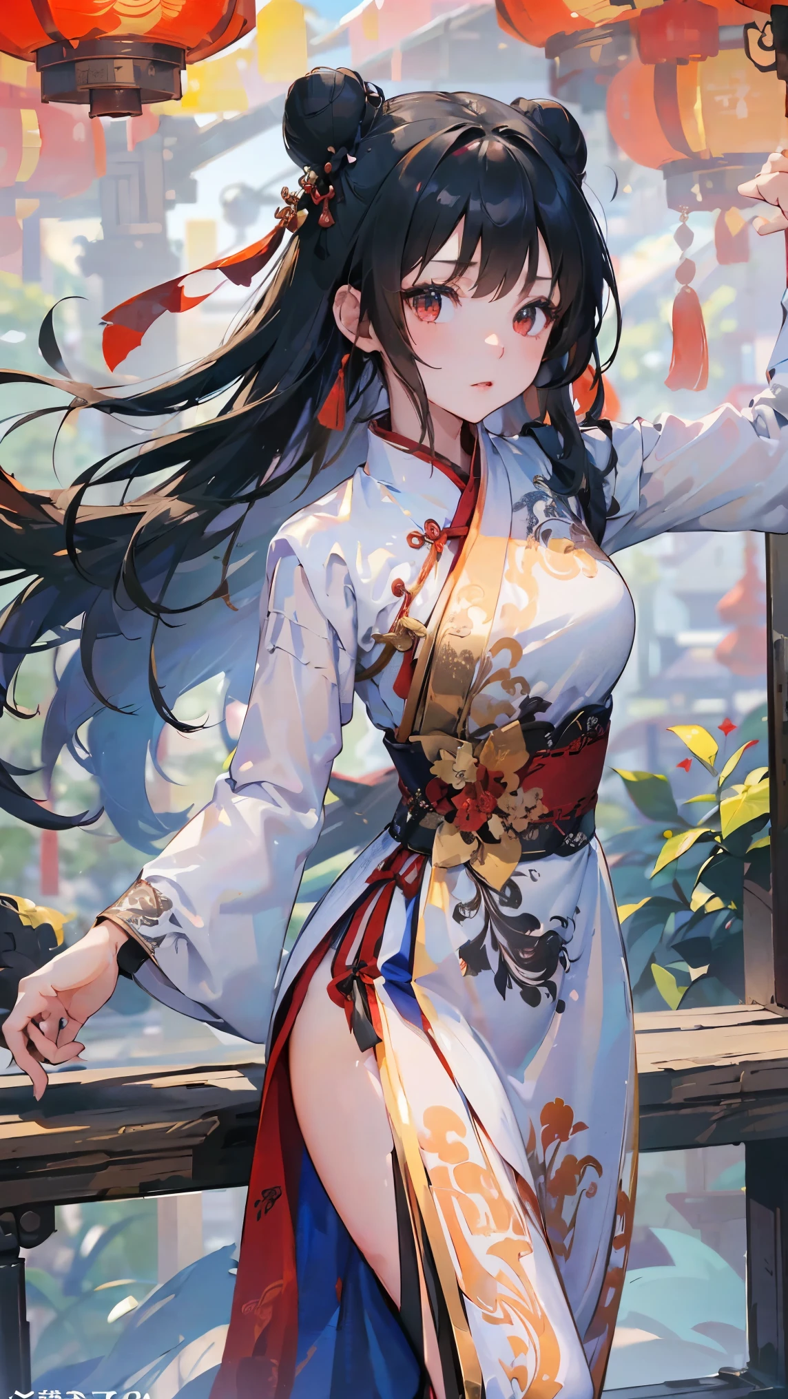 (((Best quality, 8k, Masterpiece: 1.3)), ((best quality)), ((masterpiece)), (detailed), perfect face, perfect body, (detailed skin:1.3), (intricate details), A skilled young martial artist stands poised in a dynamic kung fu stance, dressed in an elegant, high-slit red cheongsam with intricate gold embroidery. Her jet-black hair is styled into neat twin buns, giving her a focused yet stylish appearance. The scene is set in a traditional Chinese courtyard with red lanterns and ornate wooden architecture, bathed in the warm glow of sunset. Her expression is sharp and determined, exuding confidence and discipline. The fabric of her dress flows slightly with her movement, emphasizing her grace and mastery of kung fu.